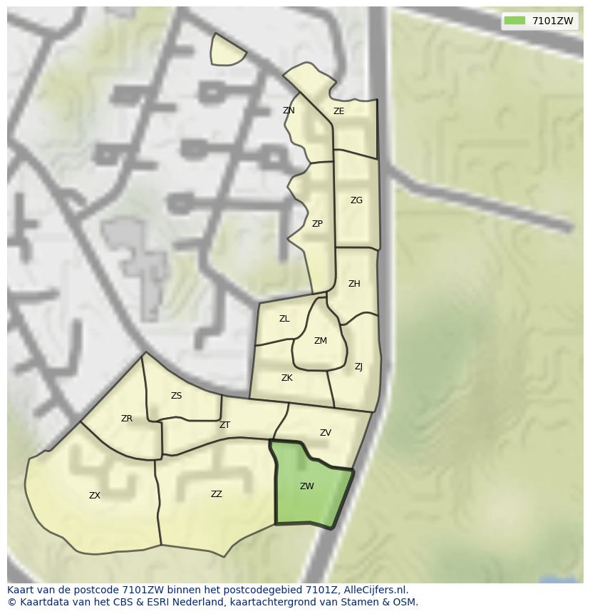 Afbeelding van het postcodegebied 7101 ZW op de kaart.