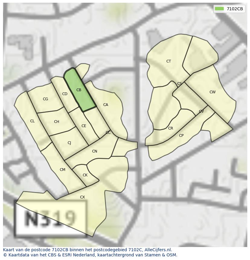 Afbeelding van het postcodegebied 7102 CB op de kaart.