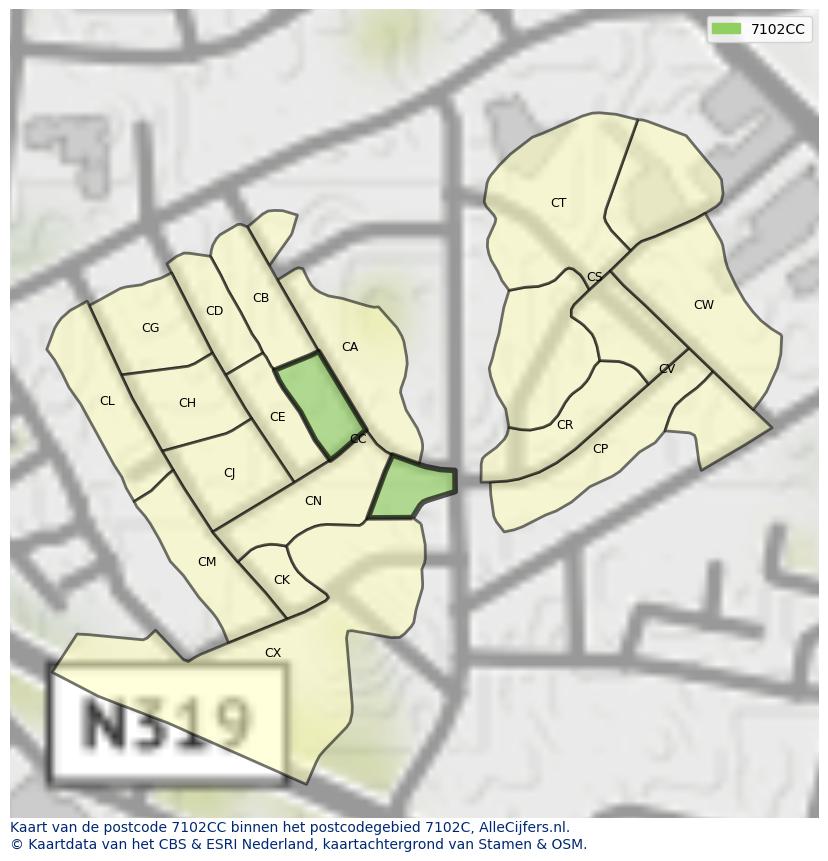 Afbeelding van het postcodegebied 7102 CC op de kaart.