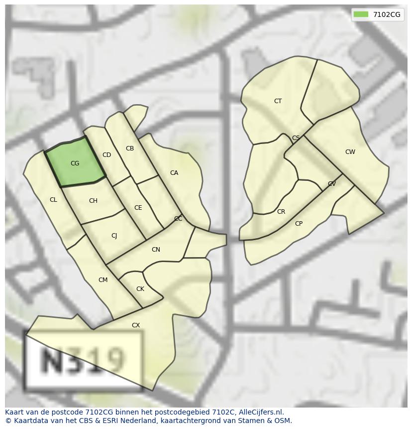 Afbeelding van het postcodegebied 7102 CG op de kaart.