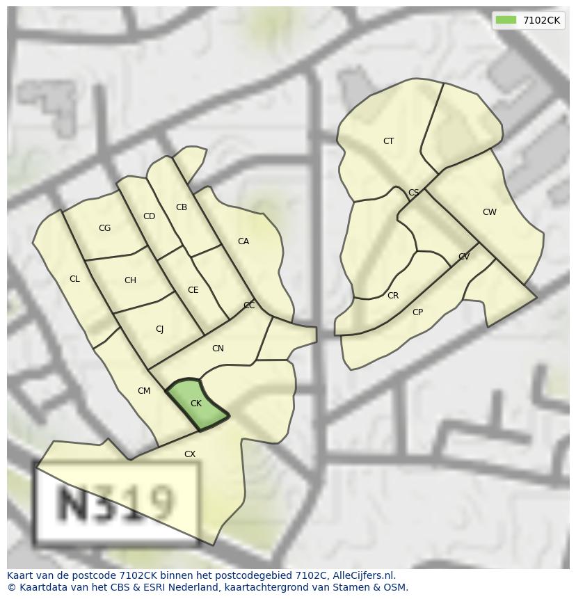 Afbeelding van het postcodegebied 7102 CK op de kaart.
