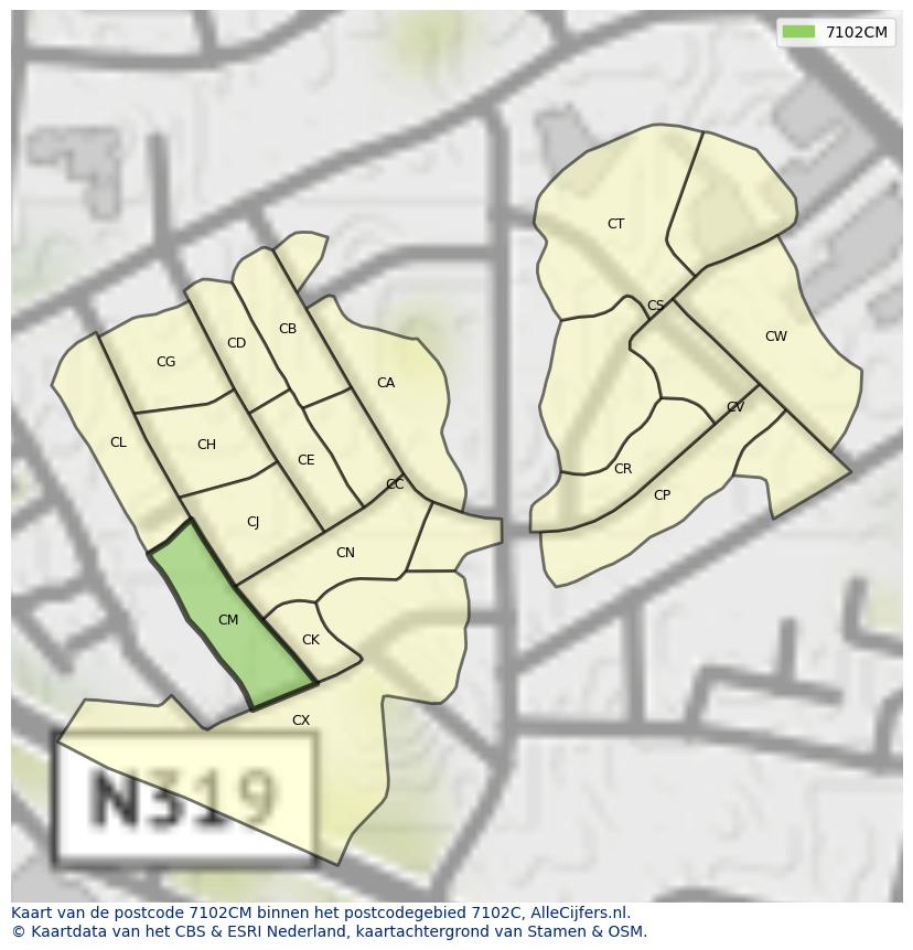 Afbeelding van het postcodegebied 7102 CM op de kaart.