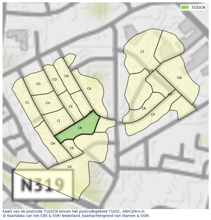 Afbeelding van het postcodegebied 7102 CN op de kaart.