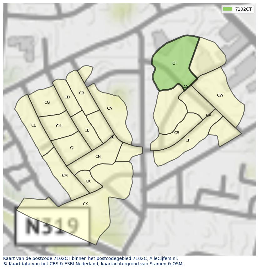 Afbeelding van het postcodegebied 7102 CT op de kaart.