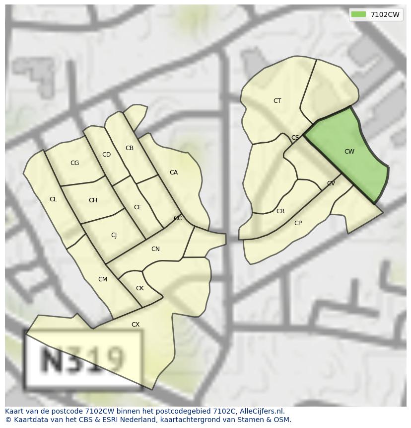 Afbeelding van het postcodegebied 7102 CW op de kaart.