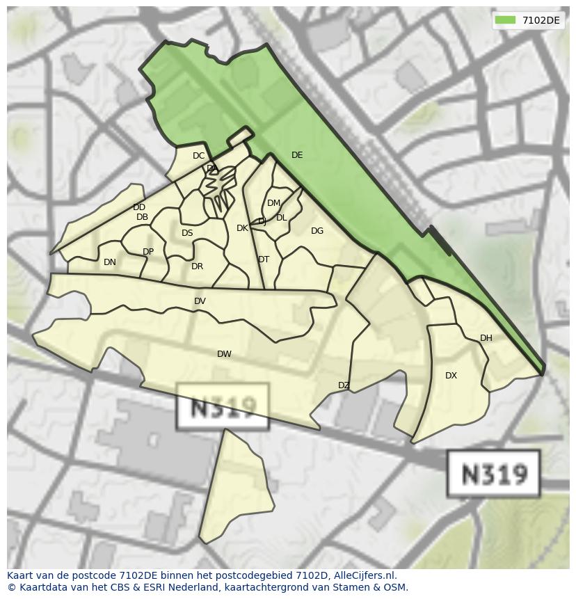 Afbeelding van het postcodegebied 7102 DE op de kaart.