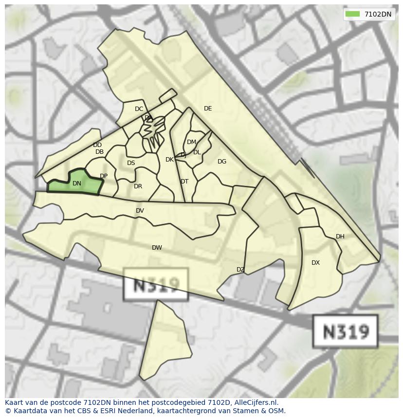 Afbeelding van het postcodegebied 7102 DN op de kaart.