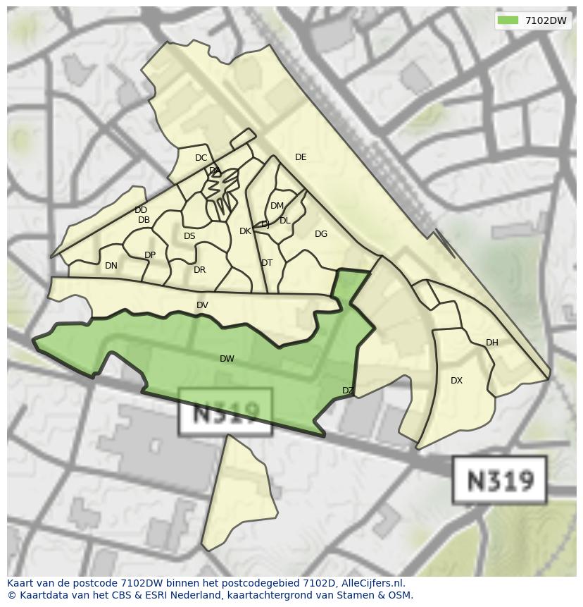 Afbeelding van het postcodegebied 7102 DW op de kaart.