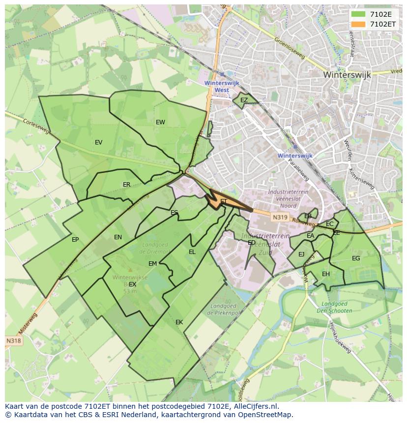 Afbeelding van het postcodegebied 7102 ET op de kaart.