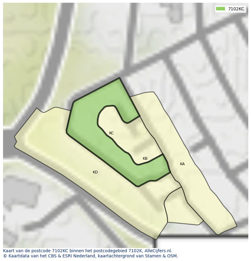 Afbeelding van het postcodegebied 7102 KC op de kaart.