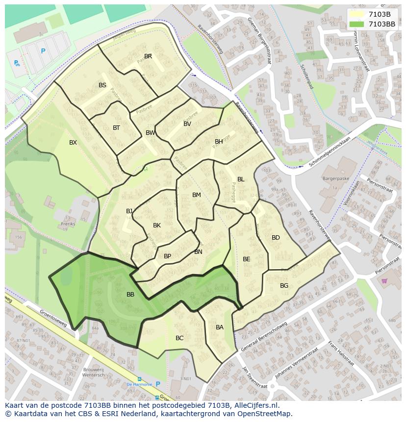 Afbeelding van het postcodegebied 7103 BB op de kaart.