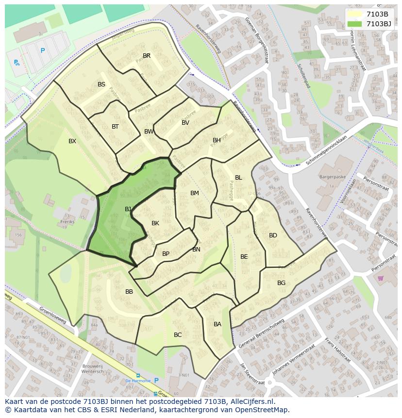 Afbeelding van het postcodegebied 7103 BJ op de kaart.