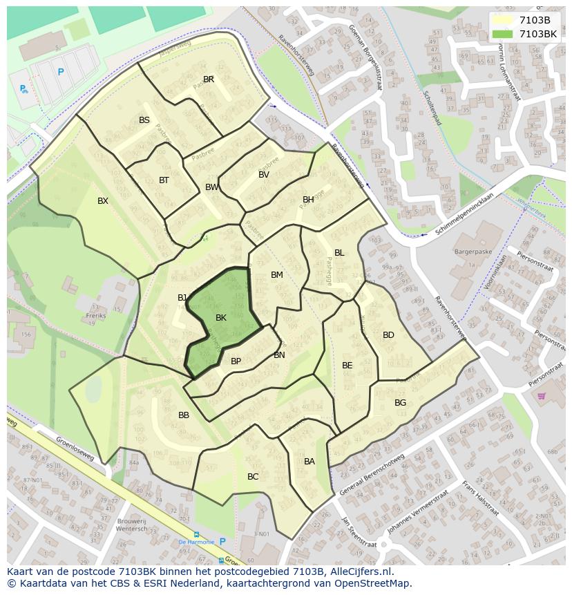 Afbeelding van het postcodegebied 7103 BK op de kaart.