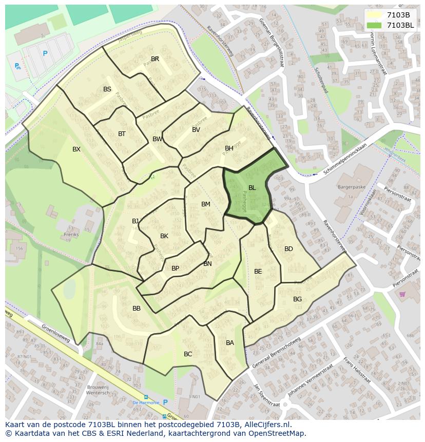 Afbeelding van het postcodegebied 7103 BL op de kaart.