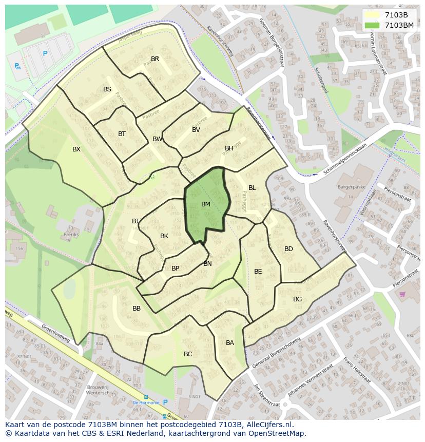 Afbeelding van het postcodegebied 7103 BM op de kaart.
