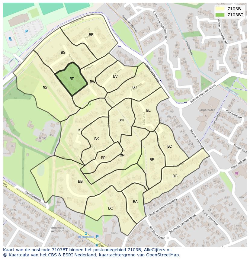 Afbeelding van het postcodegebied 7103 BT op de kaart.