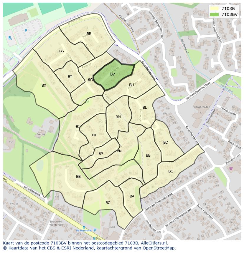 Afbeelding van het postcodegebied 7103 BV op de kaart.
