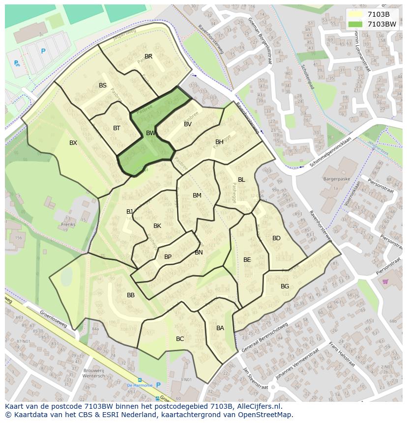 Afbeelding van het postcodegebied 7103 BW op de kaart.