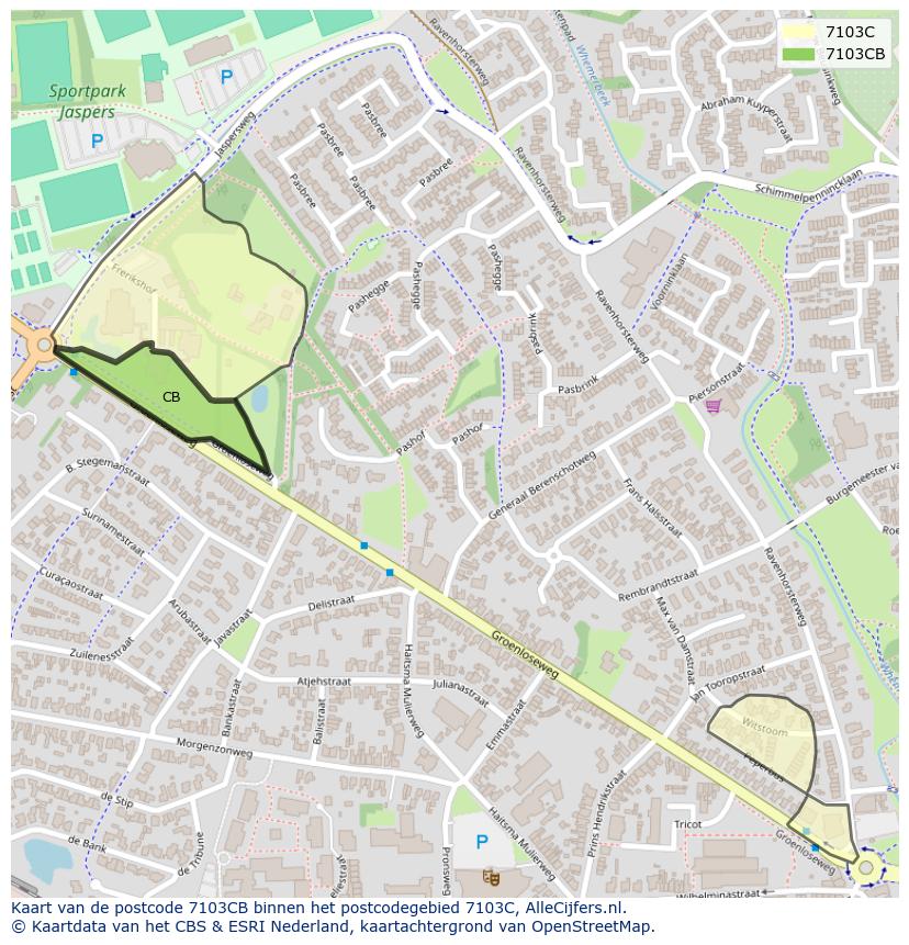 Afbeelding van het postcodegebied 7103 CB op de kaart.