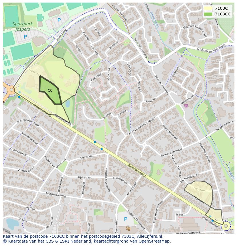 Afbeelding van het postcodegebied 7103 CC op de kaart.