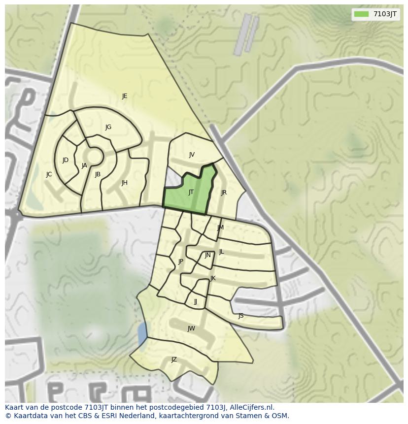 Afbeelding van het postcodegebied 7103 JT op de kaart.