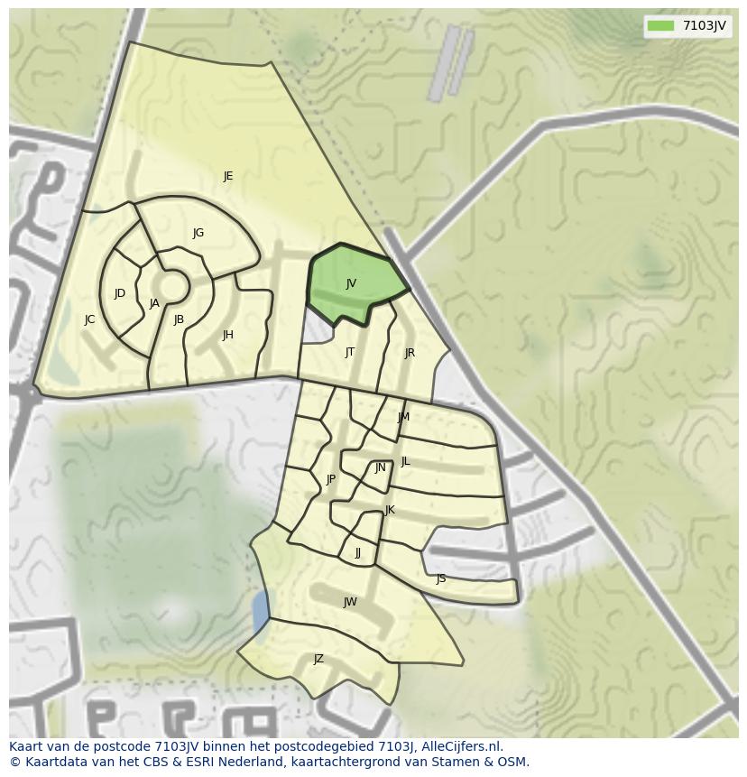 Afbeelding van het postcodegebied 7103 JV op de kaart.