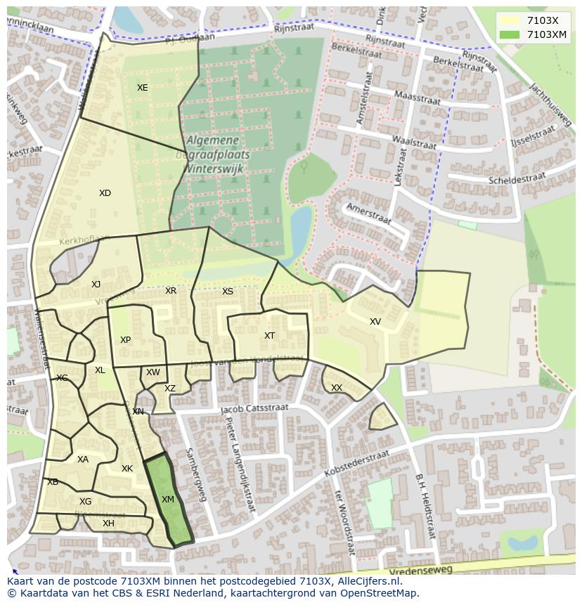 Afbeelding van het postcodegebied 7103 XM op de kaart.