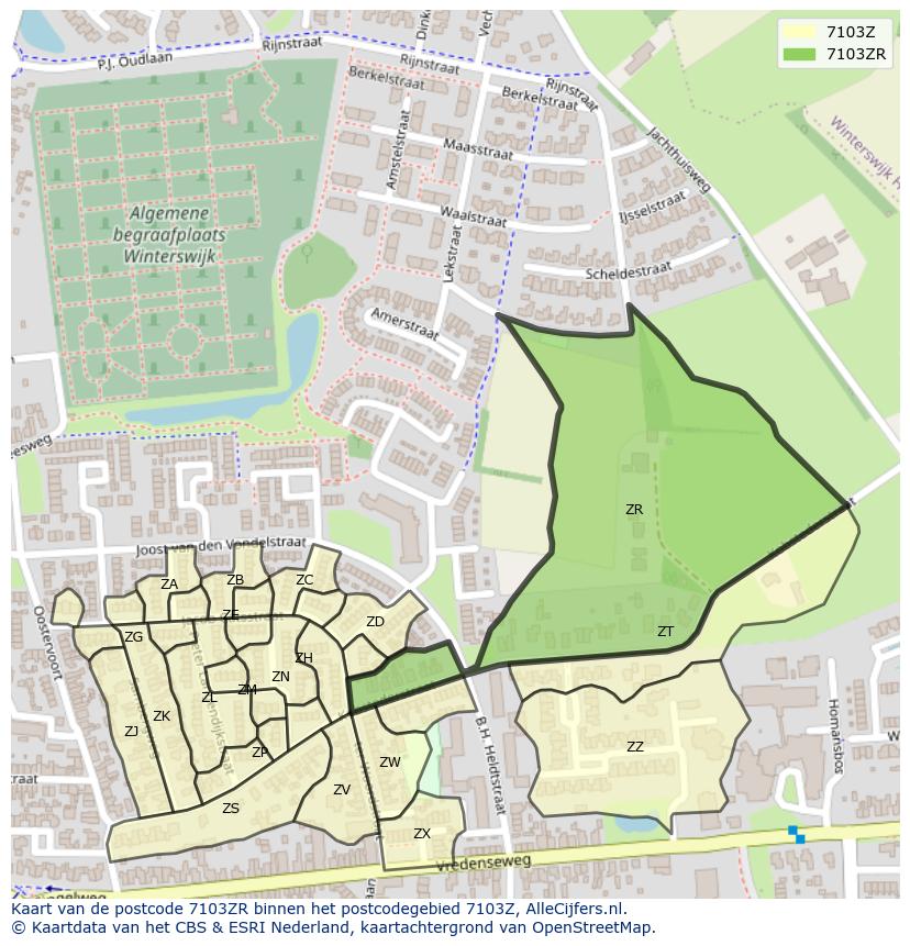 Afbeelding van het postcodegebied 7103 ZR op de kaart.