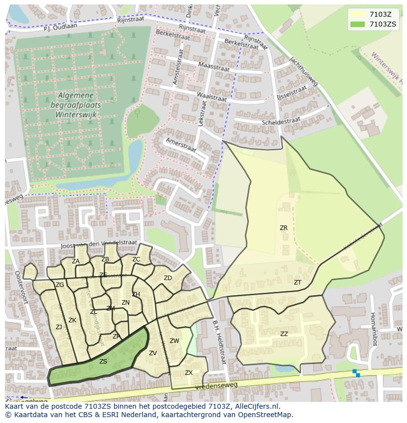 Afbeelding van het postcodegebied 7103 ZS op de kaart.