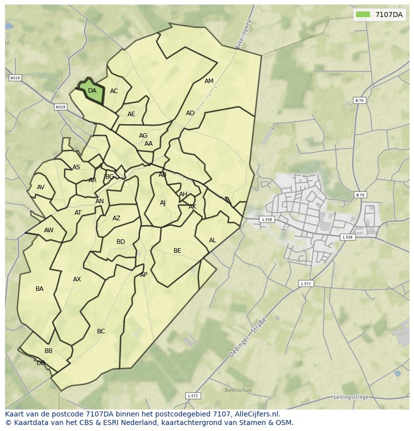 Afbeelding van het postcodegebied 7107 DA op de kaart.