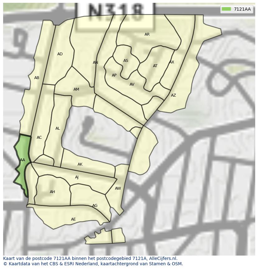 Afbeelding van het postcodegebied 7121 AA op de kaart.