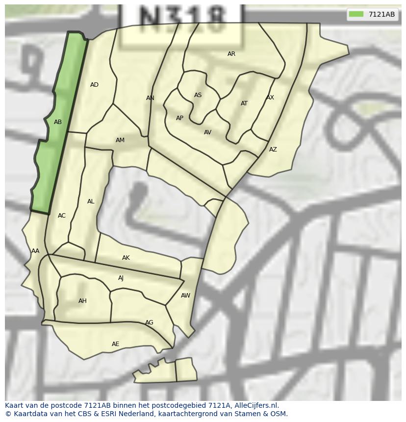 Afbeelding van het postcodegebied 7121 AB op de kaart.
