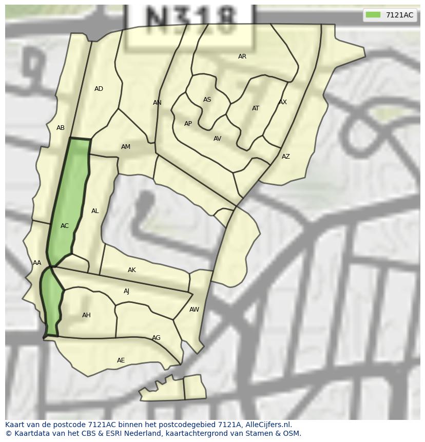 Afbeelding van het postcodegebied 7121 AC op de kaart.
