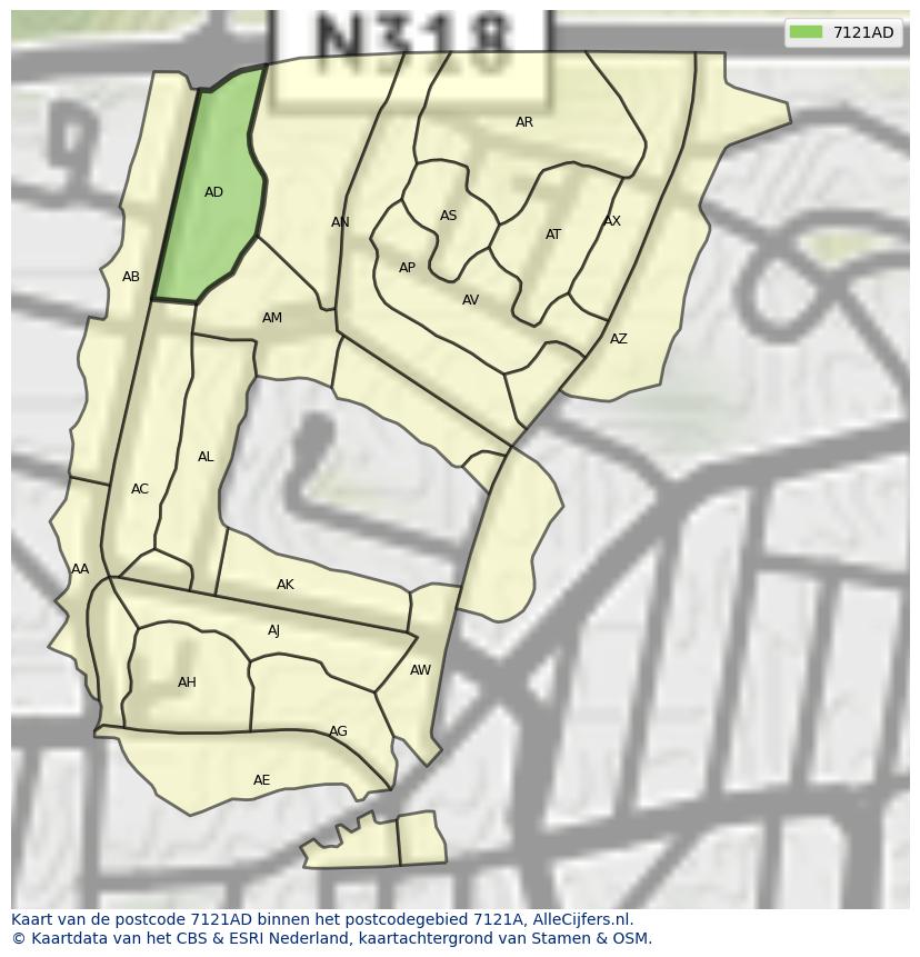 Afbeelding van het postcodegebied 7121 AD op de kaart.