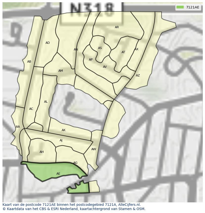 Afbeelding van het postcodegebied 7121 AE op de kaart.