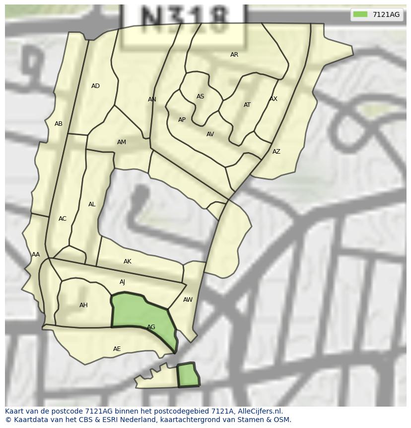Afbeelding van het postcodegebied 7121 AG op de kaart.