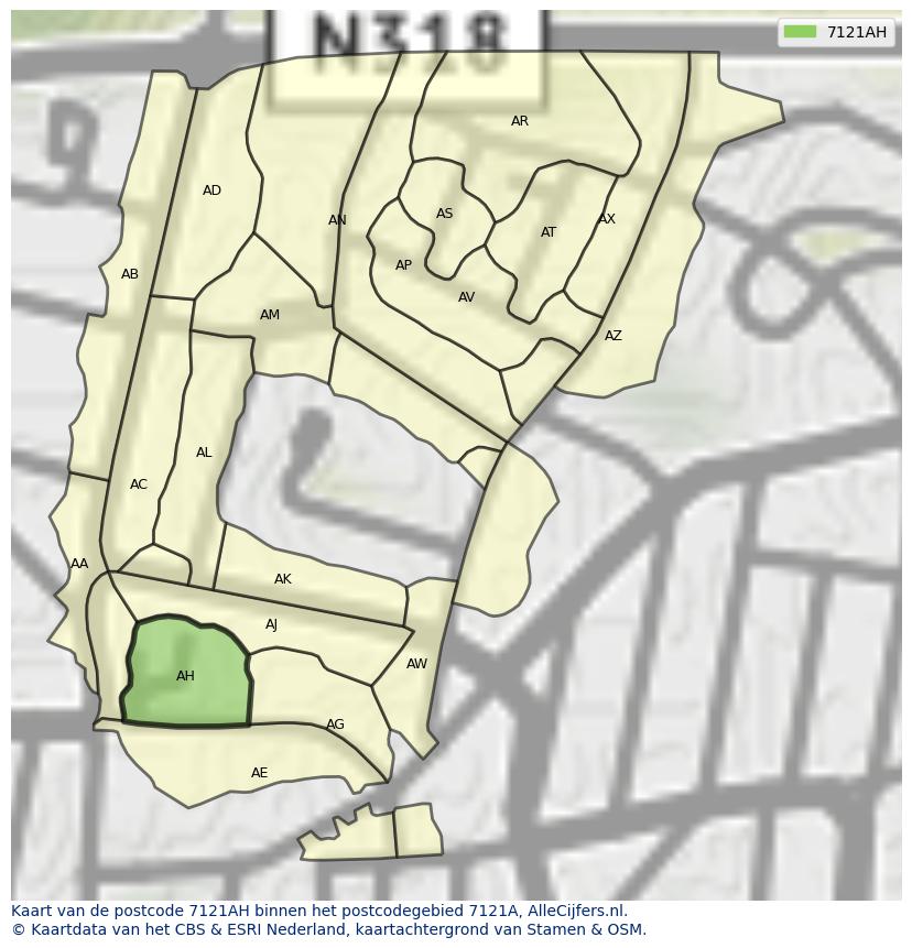 Afbeelding van het postcodegebied 7121 AH op de kaart.