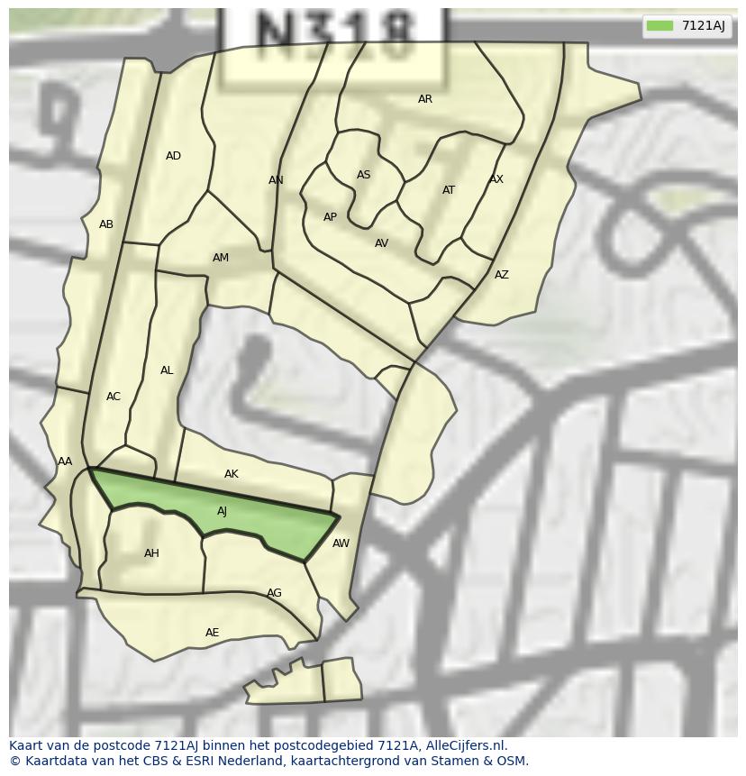 Afbeelding van het postcodegebied 7121 AJ op de kaart.