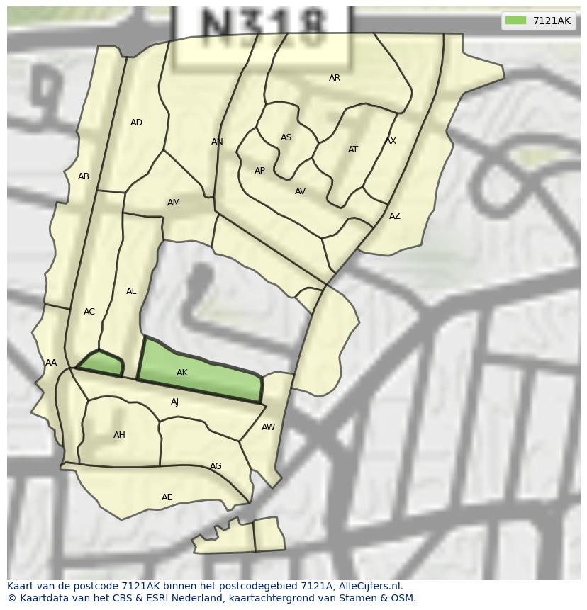 Afbeelding van het postcodegebied 7121 AK op de kaart.