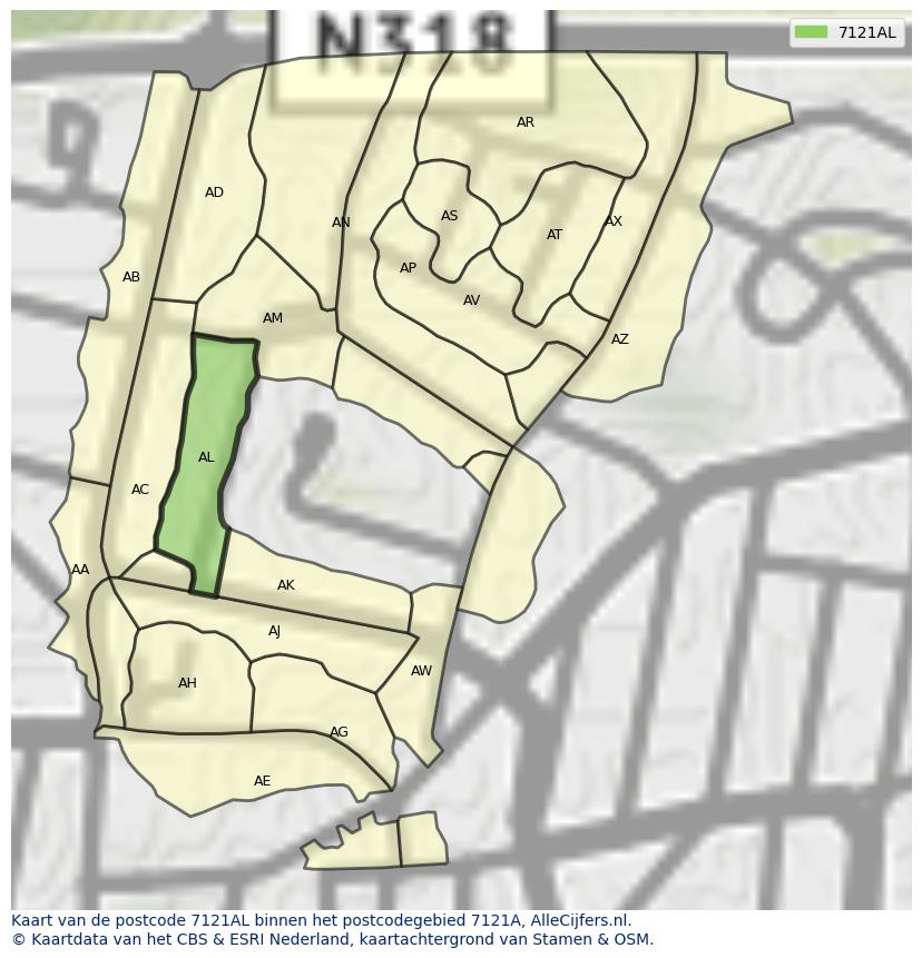 Afbeelding van het postcodegebied 7121 AL op de kaart.