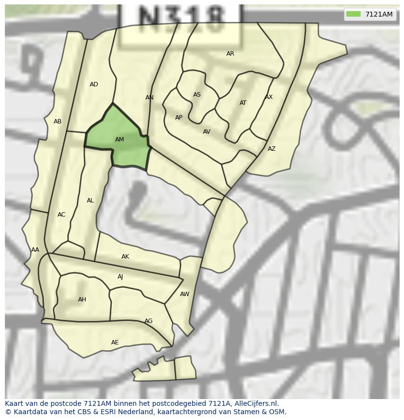 Afbeelding van het postcodegebied 7121 AM op de kaart.