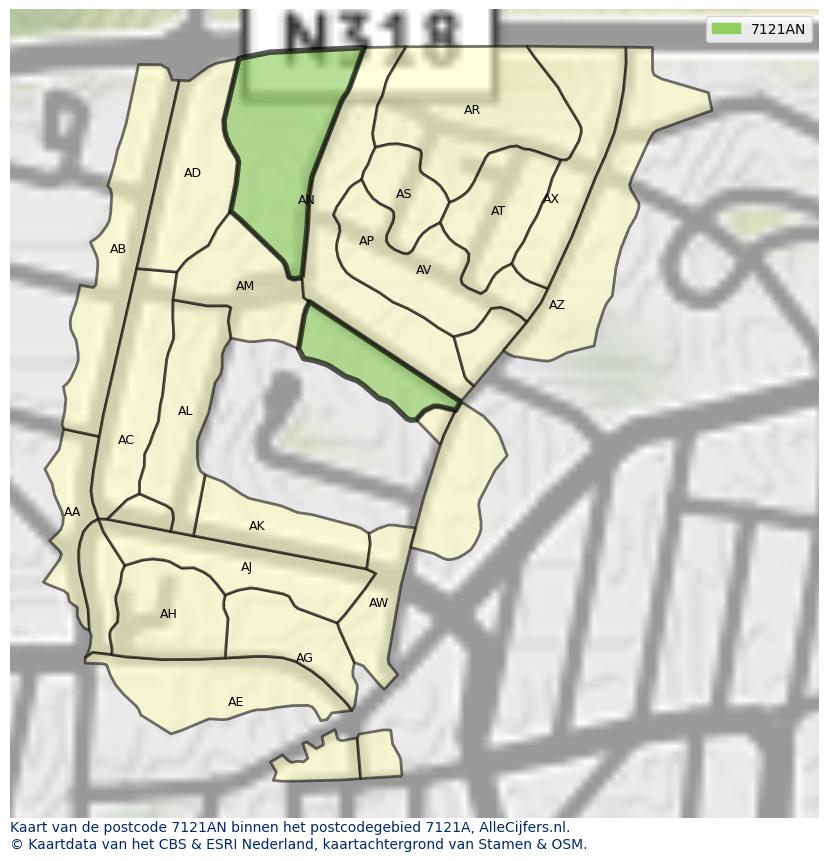 Afbeelding van het postcodegebied 7121 AN op de kaart.