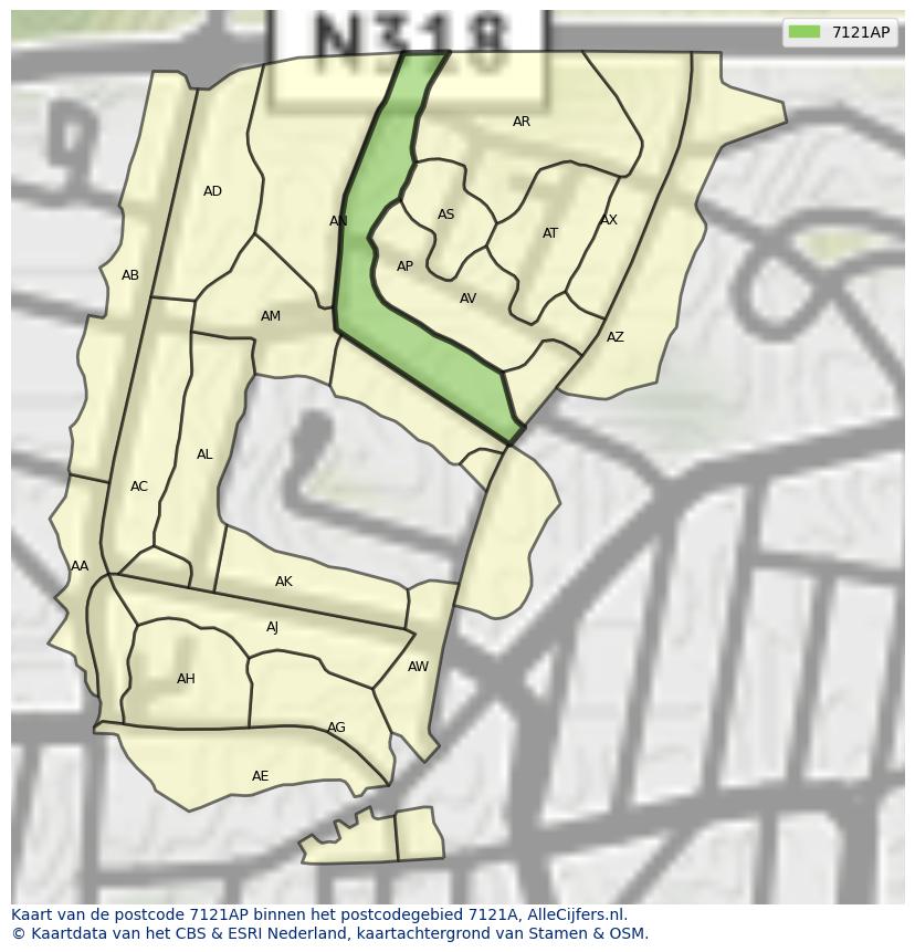 Afbeelding van het postcodegebied 7121 AP op de kaart.
