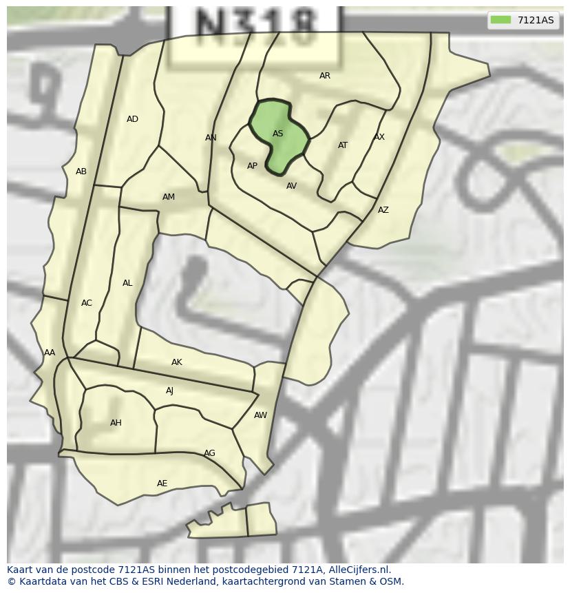 Afbeelding van het postcodegebied 7121 AS op de kaart.