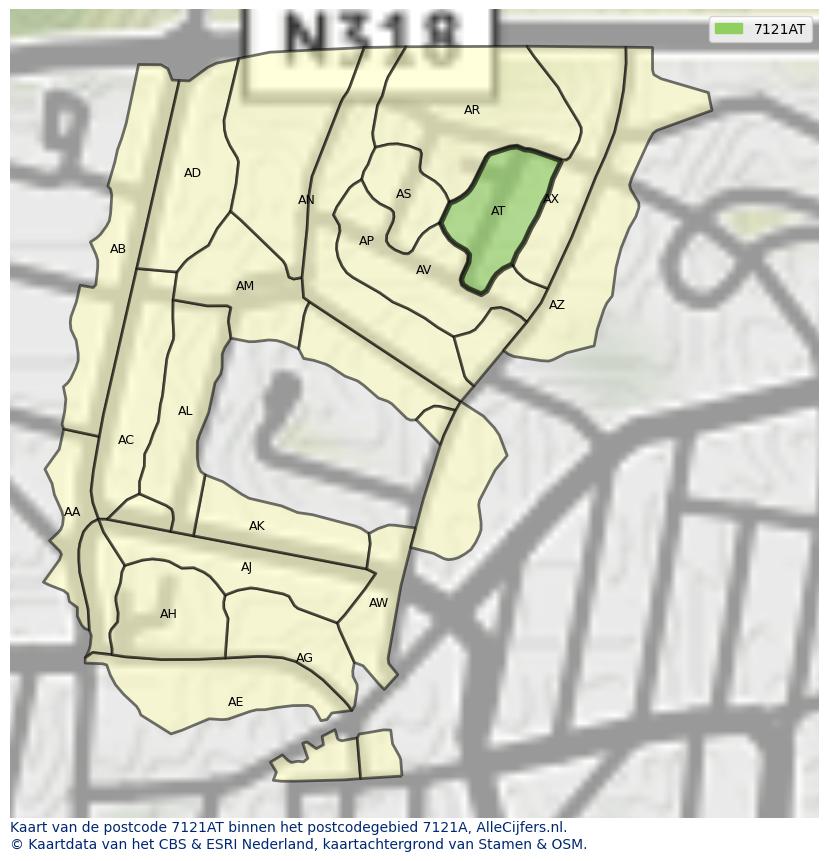 Afbeelding van het postcodegebied 7121 AT op de kaart.