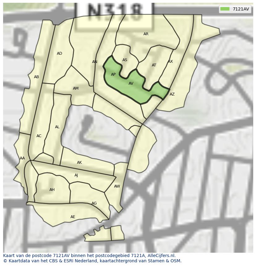 Afbeelding van het postcodegebied 7121 AV op de kaart.