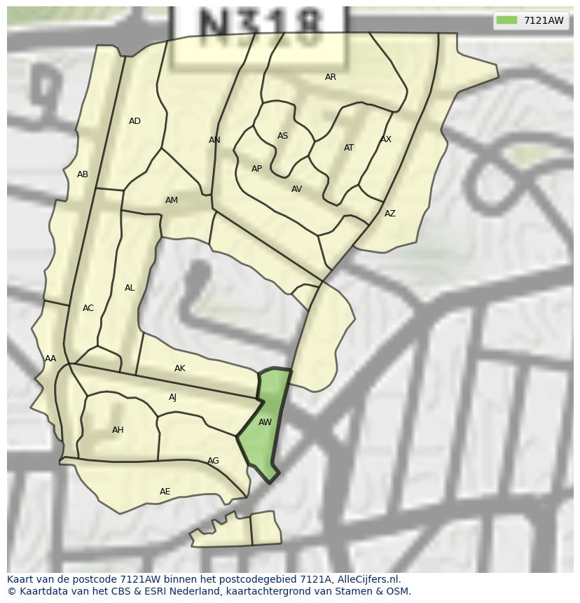 Afbeelding van het postcodegebied 7121 AW op de kaart.