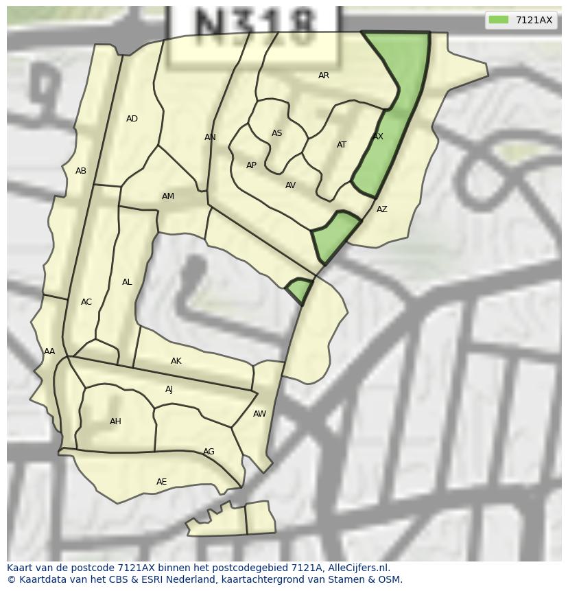 Afbeelding van het postcodegebied 7121 AX op de kaart.