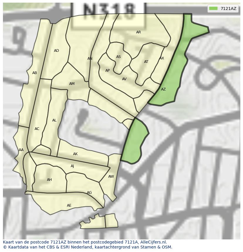 Afbeelding van het postcodegebied 7121 AZ op de kaart.