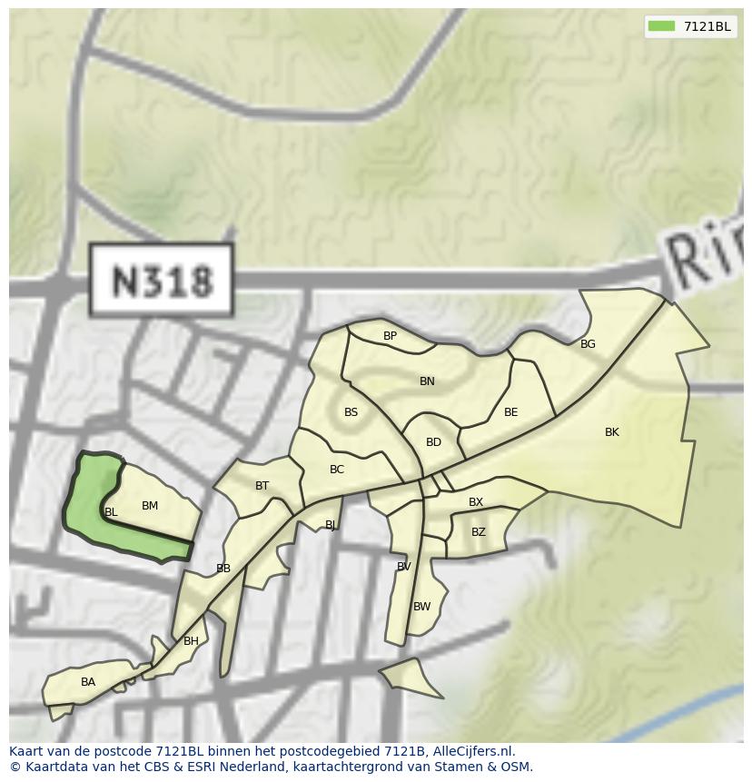 Afbeelding van het postcodegebied 7121 BL op de kaart.
